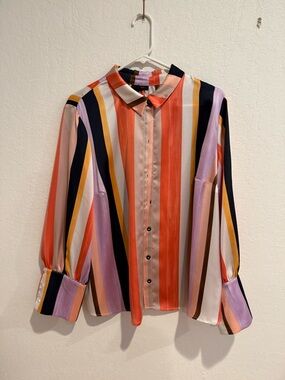 Halogen Multi-Stripe Button-Front Blouse in Coral, Navy & Lilac